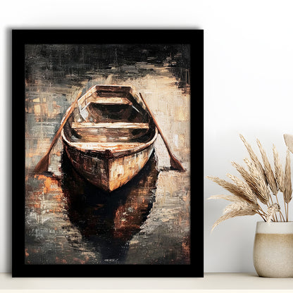 Boat on Water Oil Painting Vintage Dark Aesthetic Rustic, Framed Art Print Wall Decor, Picture Framed