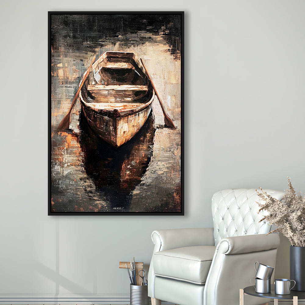 Boat on Water Oil Painting Vintage Dark Aesthetic Rustic, Framed Canvas Print Wall Art, Floating Frame