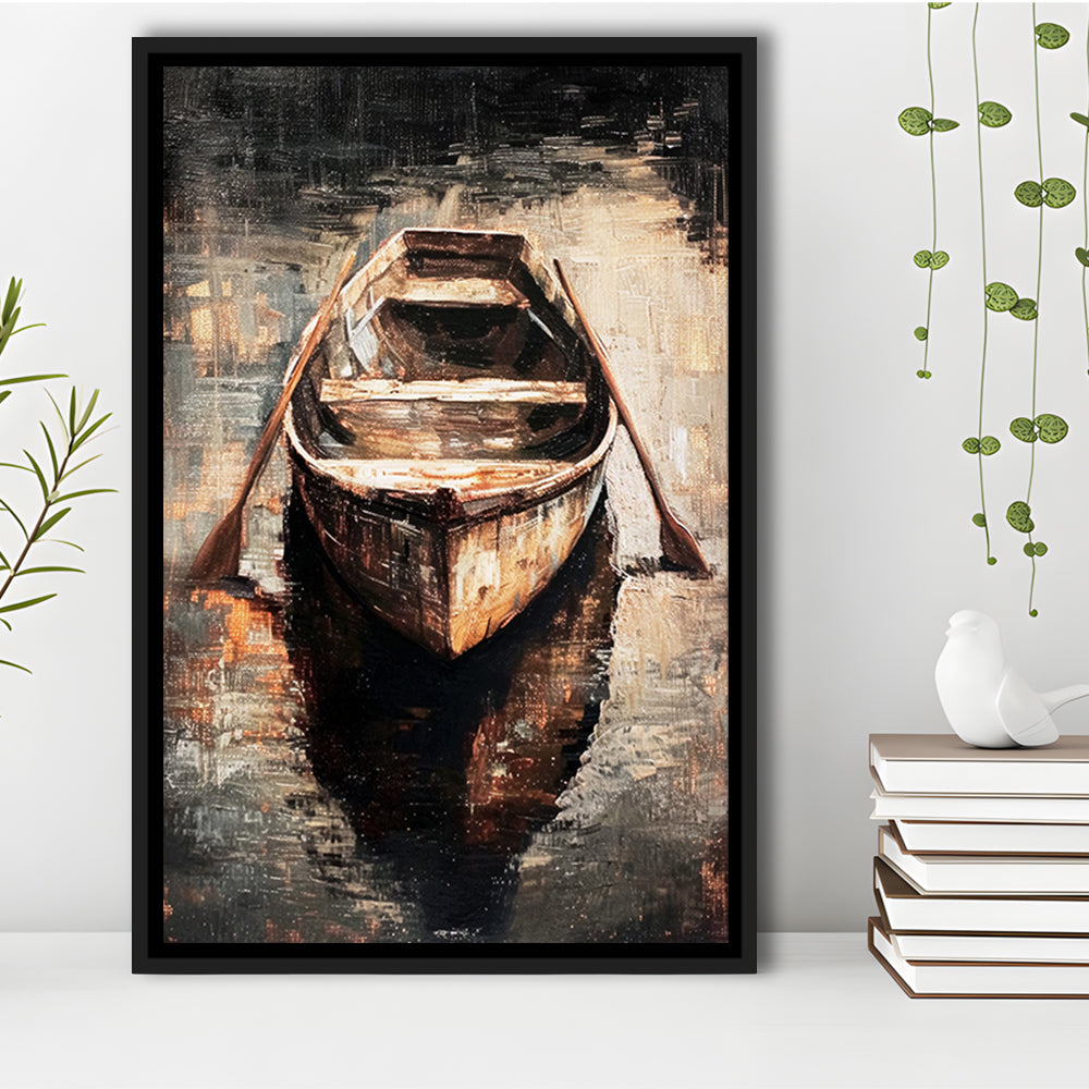 Boat on Water Oil Painting Vintage Dark Aesthetic Rustic, Framed Canvas Print Wall Art, Floating Frame