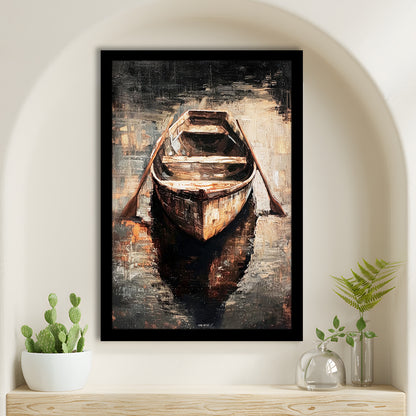 Boat on Water Oil Painting Vintage Dark Aesthetic Rustic, Framed Art Print Wall Decor, Picture Framed