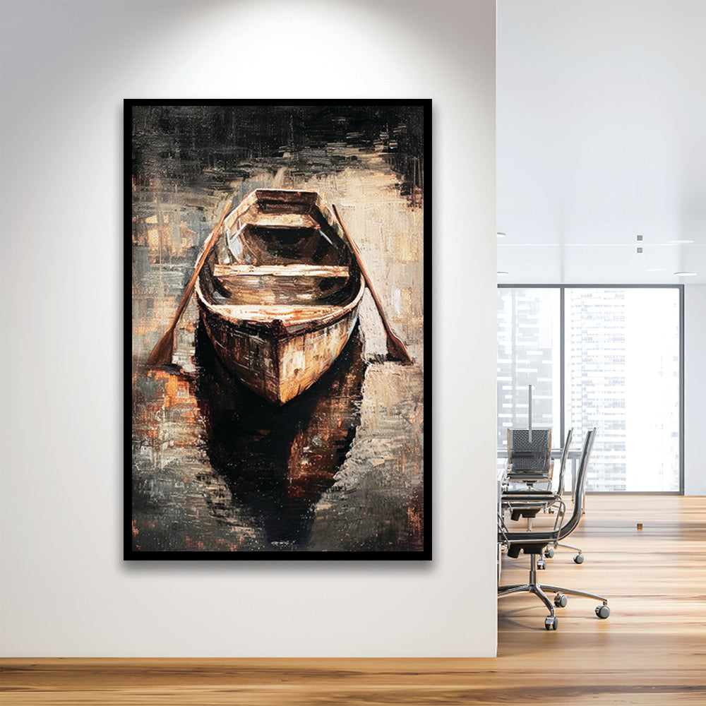 Boat on Water Oil Painting Vintage Dark Aesthetic Rustic, Framed Art Print Wall Decor, Picture Framed