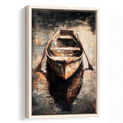 Boat on Water Oil Painting Vintage Dark Aesthetic Rustic, Framed Canvas Print Wall Art, Floating Frame