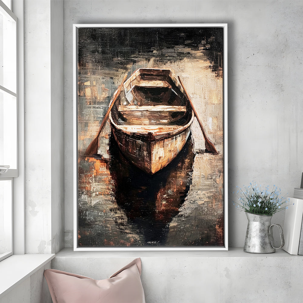 Boat on Water Oil Painting Vintage Dark Aesthetic Rustic, Framed Canvas Print Wall Art, Floating Frame