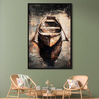 Boat on Water Oil Painting Vintage Dark Aesthetic Rustic, Framed Canvas Print Wall Art, Floating Frame