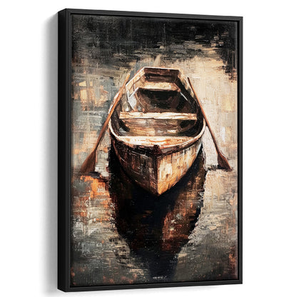 Boat on Water Oil Painting Vintage Dark Aesthetic Rustic, Framed Canvas Print Wall Art, Floating Frame