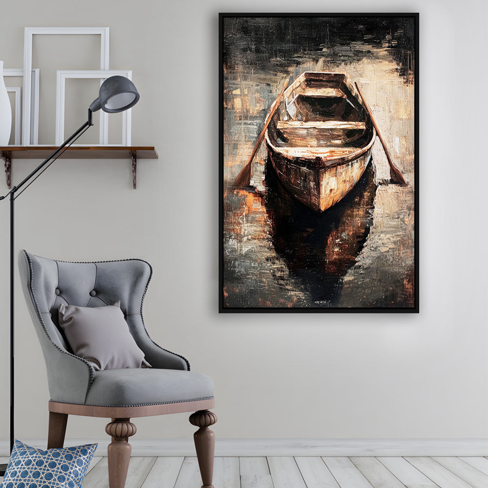 Boat on Water Oil Painting Vintage Dark Aesthetic Rustic, Framed Canvas Print Wall Art, Floating Frame