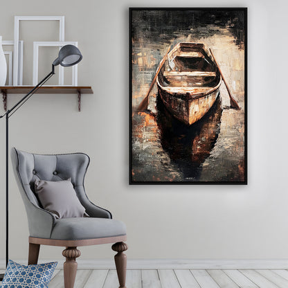 Boat on Water Oil Painting Vintage Dark Aesthetic Rustic, Framed Canvas Print Wall Art, Floating Frame