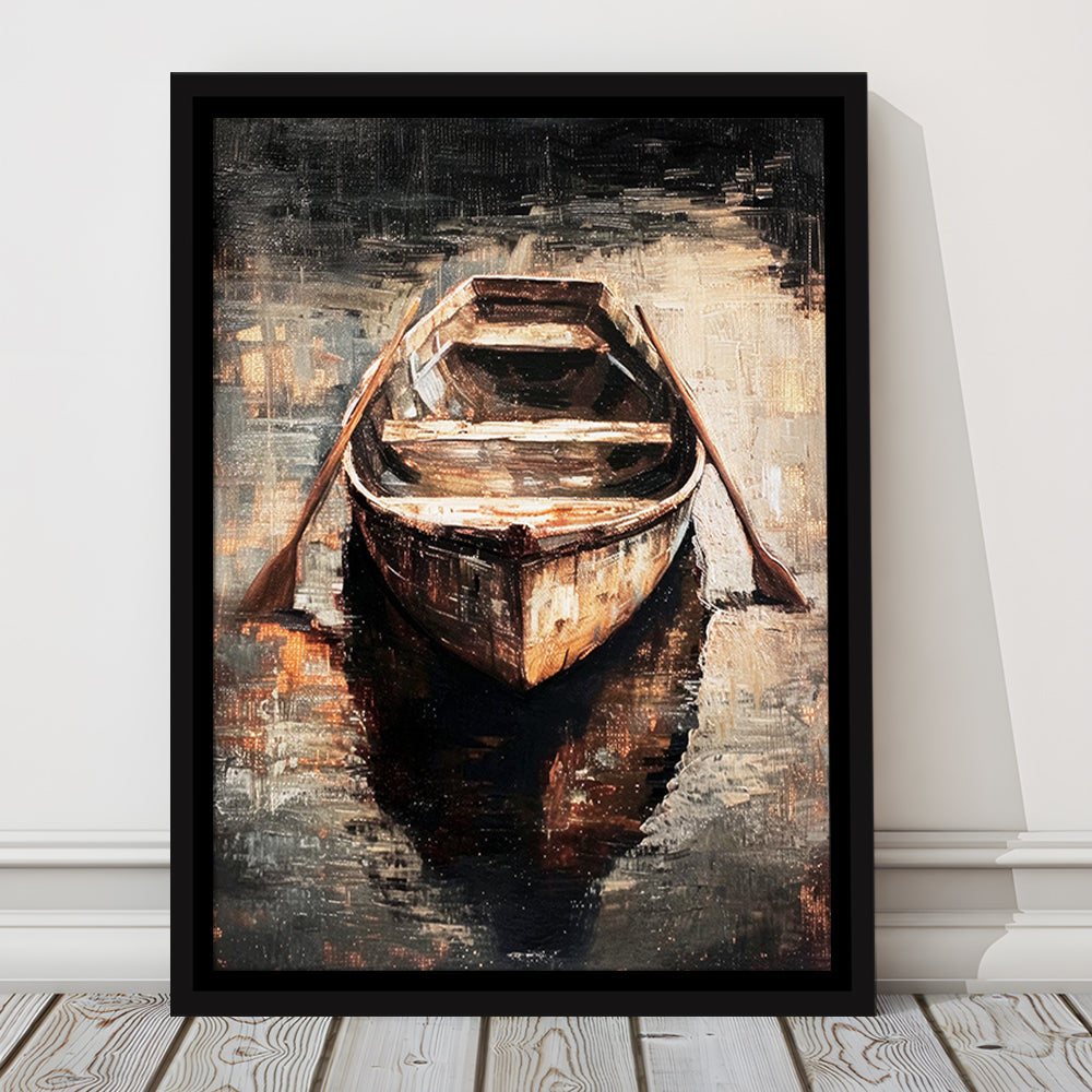 Boat on Water Oil Painting Vintage Dark Aesthetic Rustic, Framed Canvas Print Wall Art, Floating Frame