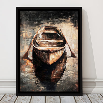 Boat on Water Oil Painting Vintage Dark Aesthetic Rustic, Framed Canvas Print Wall Art, Floating Frame