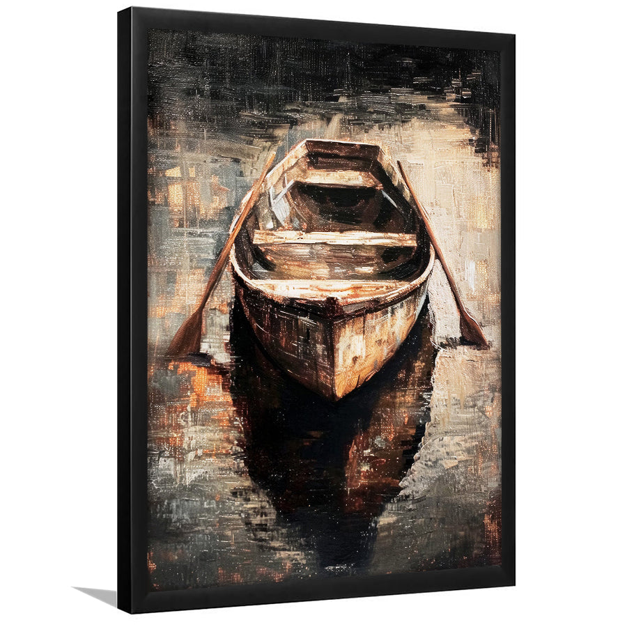Boat on Water Oil Painting Vintage Dark Aesthetic Rustic, Framed Art Print Wall Decor, Picture Framed