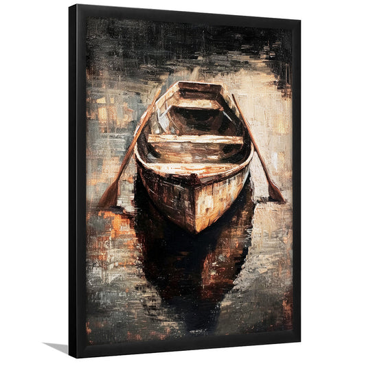 Boat on Water Oil Painting Vintage Dark Aesthetic Rustic, Framed Art Print Wall Decor, Picture Framed