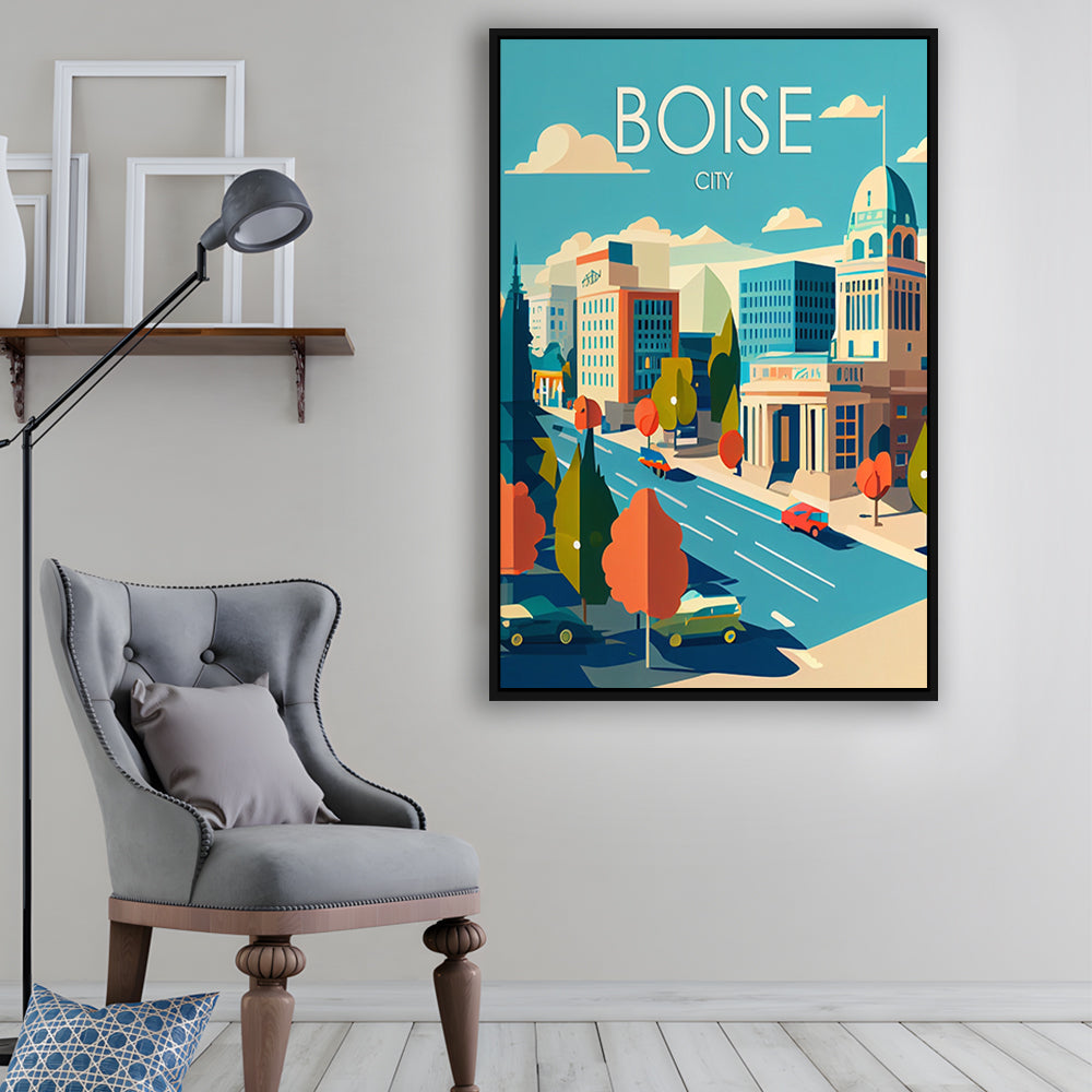 Boise City Retro Art Print, Boise City City Wall Art, Floating Framed Canvas Print, Framed Picture, Painting Canvas