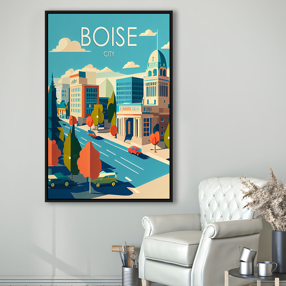 Boise City Retro Art Print, Boise City City Wall Art, Floating Framed Canvas Print, Framed Picture, Painting Canvas