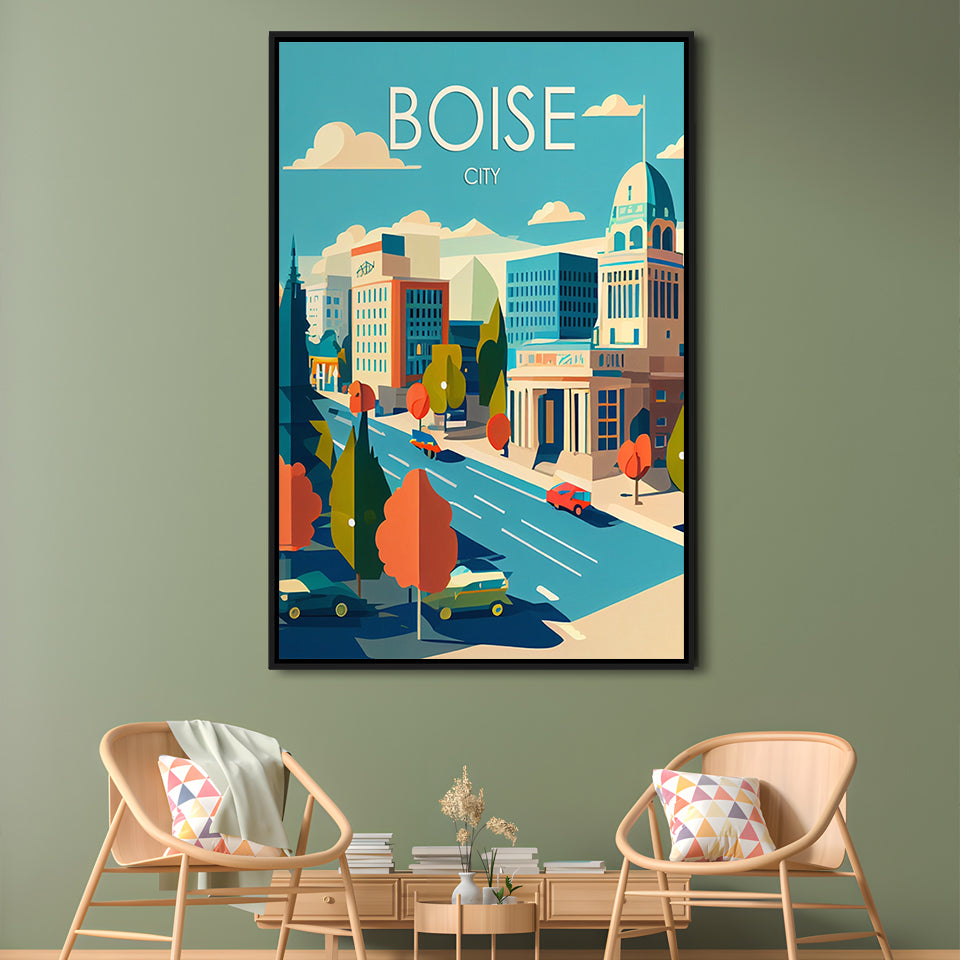Boise City Retro Art Print, Boise City City Wall Art, Floating Framed Canvas Print, Framed Picture, Painting Canvas