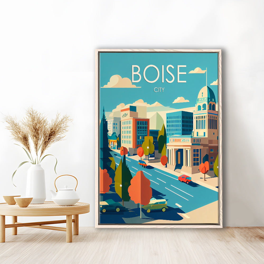 Boise City Retro Art Print, Boise City City Wall Art, Floating Framed Canvas Print, Framed Picture, Painting Canvas