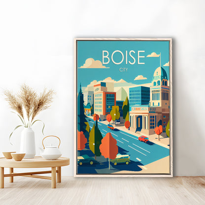 Boise City Retro Art Print, Boise City City Wall Art, Floating Framed Canvas Print, Framed Picture, Painting Canvas