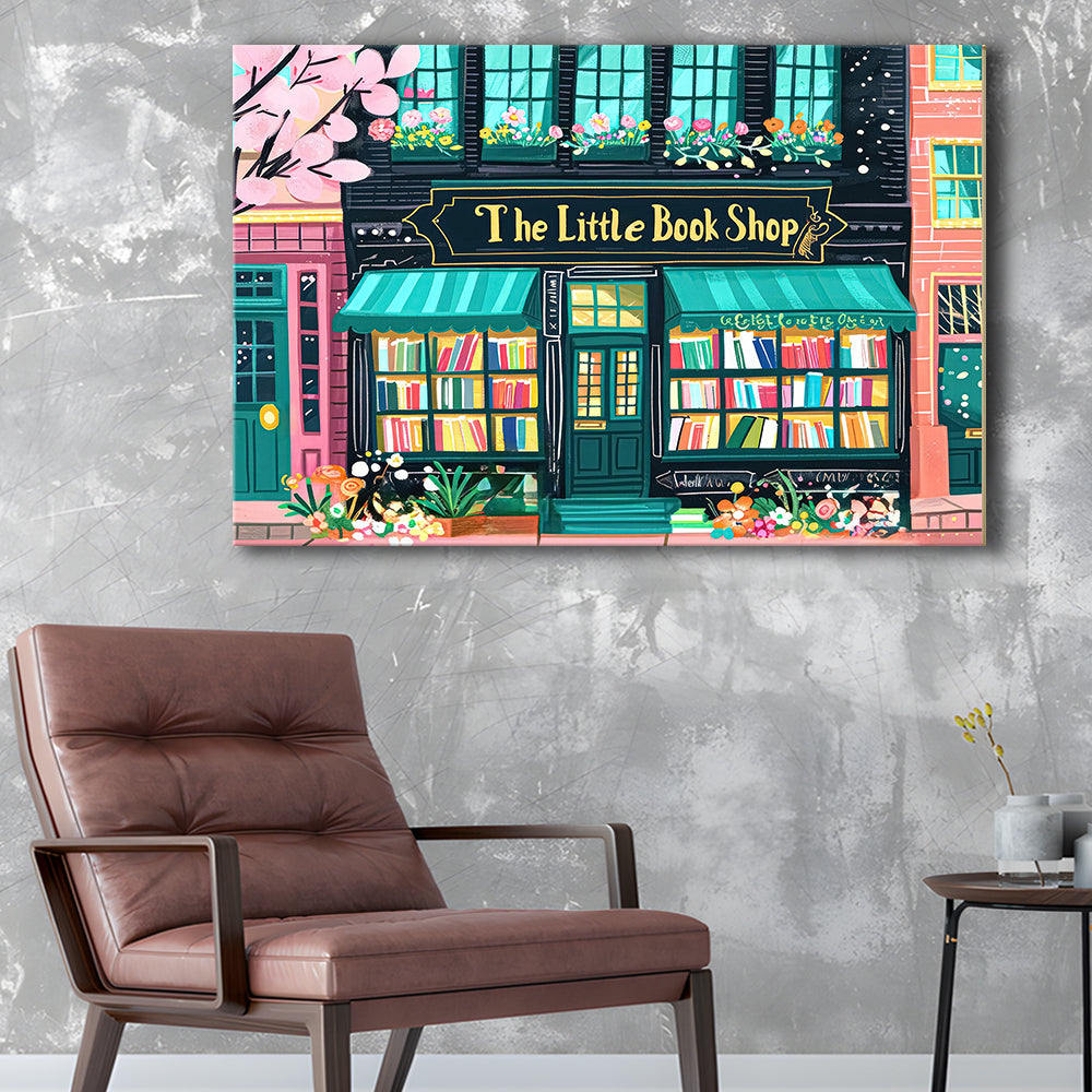 Bookshop Illustration Art Print The Little Book Shop Book Lovers, Canvas Print Wall Art, Wall Decor, Painting Canvas