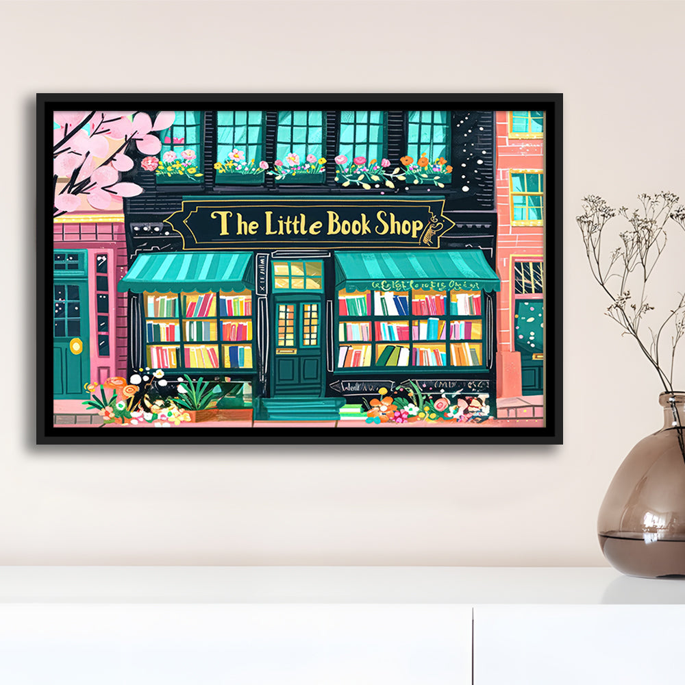 Bookshop Illustration Art Print The Little Book Shop Book Lovers, Framed Canvas Print Wall Art, Floating Frame