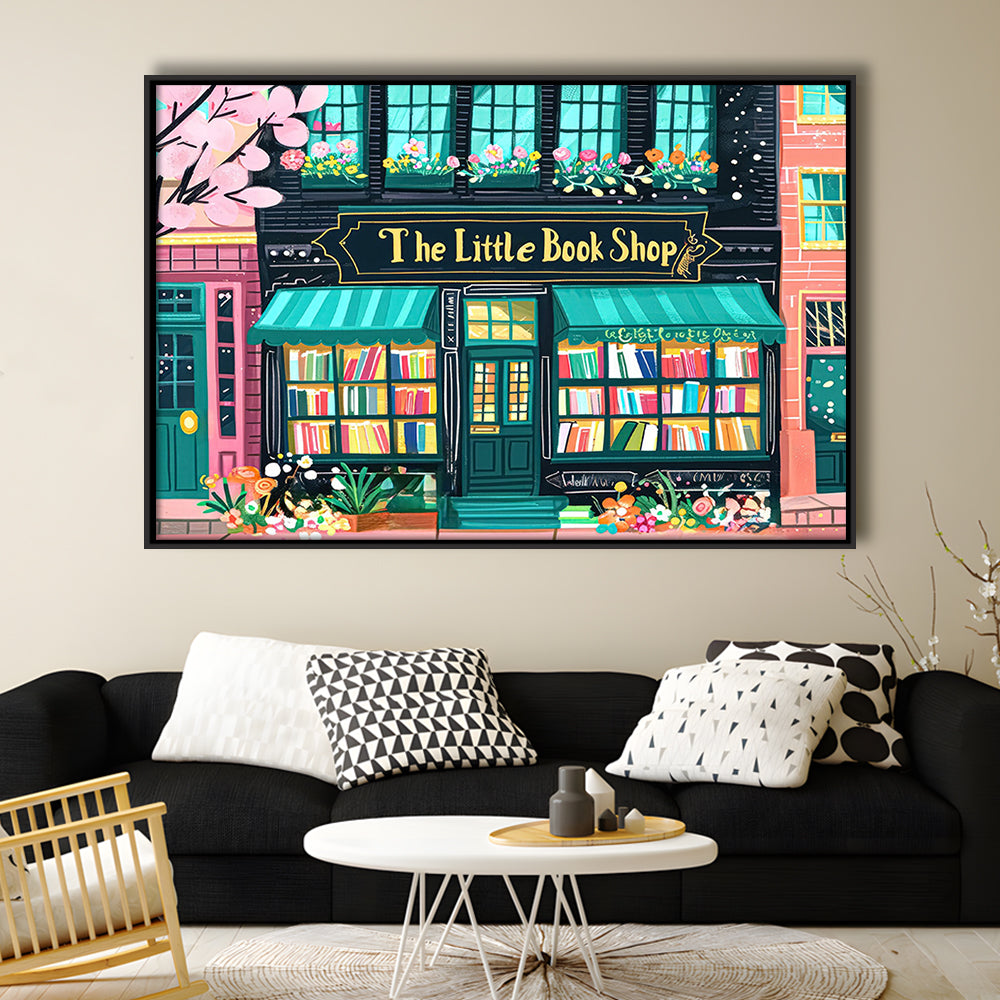 Bookshop Illustration Art Print The Little Book Shop Book Lovers, Framed Canvas Print Wall Art, Floating Frame