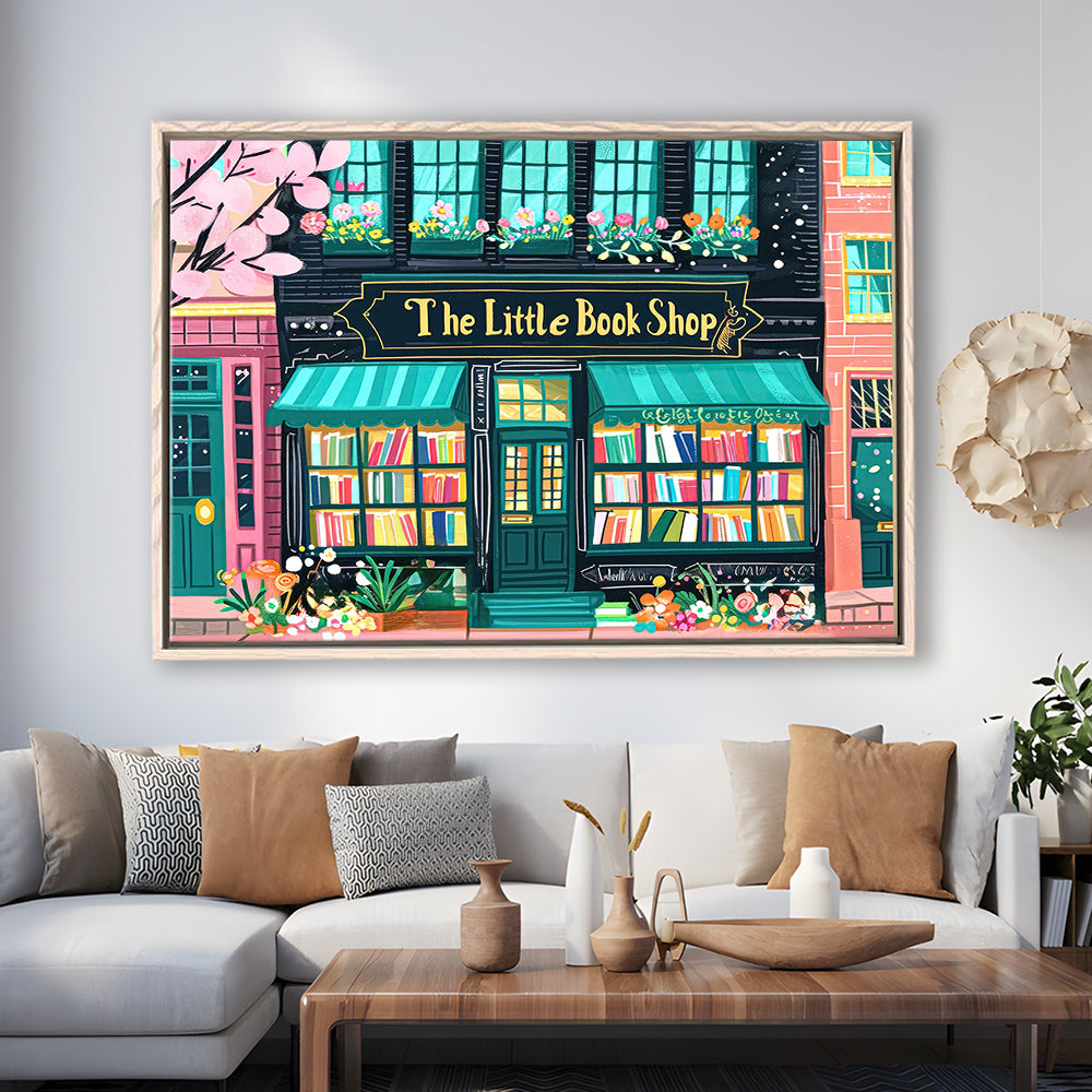 Bookshop Illustration Art Print The Little Book Shop Book Lovers, Framed Canvas Print Wall Art, Floating Frame
