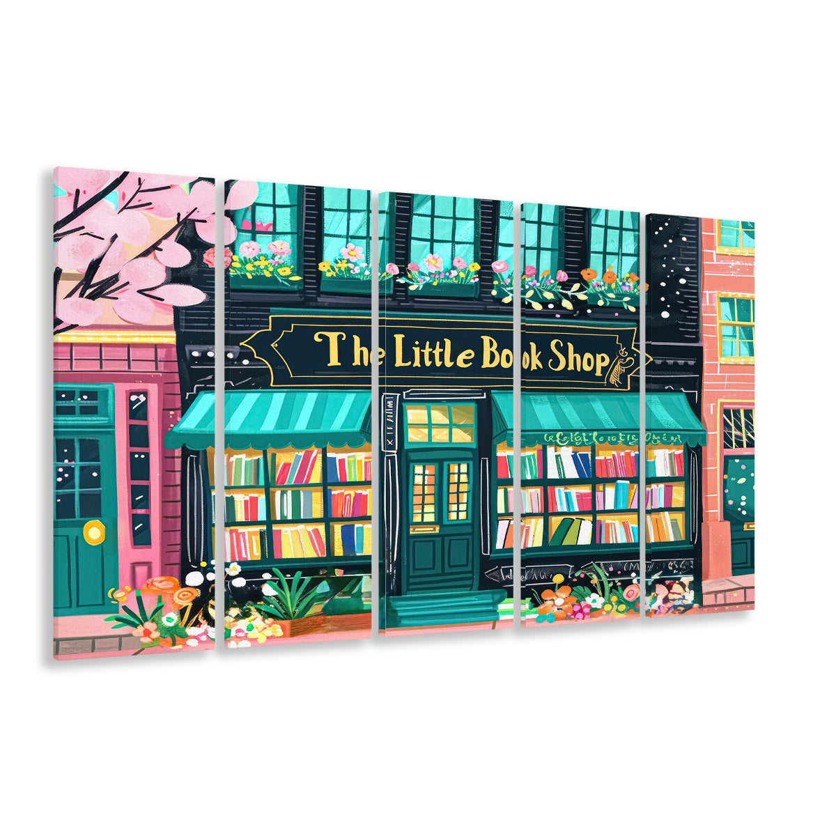 Bookshop Illustration Art Print The Little Book Shop Book Lovers, 5 Panel B Canvas Print Wall Art, Extra Large Canvas