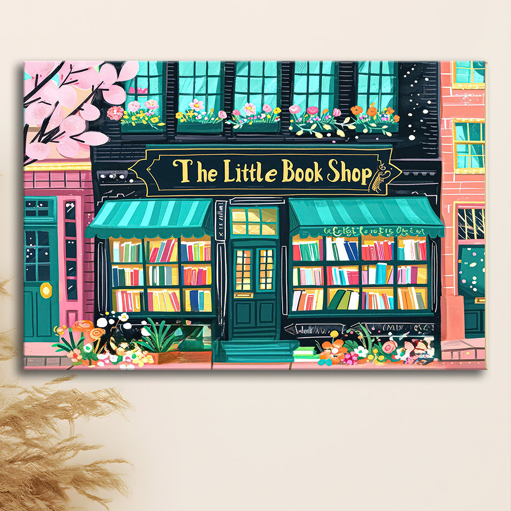 Bookshop Illustration Art Print The Little Book Shop Book Lovers, Canvas Print Wall Art, Wall Decor, Painting Canvas
