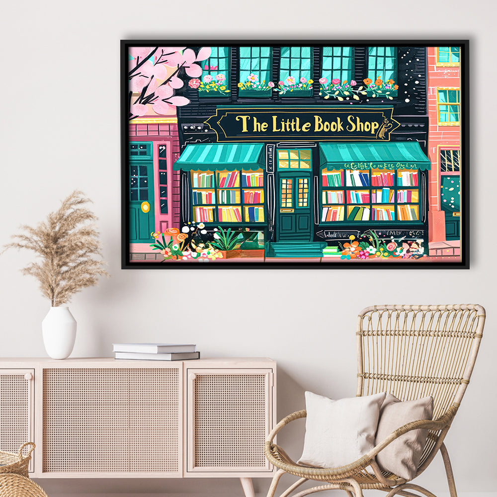 Bookshop Illustration Art Print The Little Book Shop Book Lovers, Framed Canvas Print Wall Art, Floating Frame