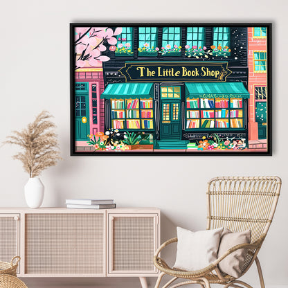Bookshop Illustration Art Print The Little Book Shop Book Lovers, Framed Canvas Print Wall Art, Floating Frame