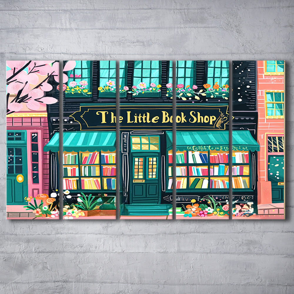 Bookshop Illustration Art Print The Little Book Shop Book Lovers, 5 Panel B Canvas Print Wall Art, Extra Large Canvas