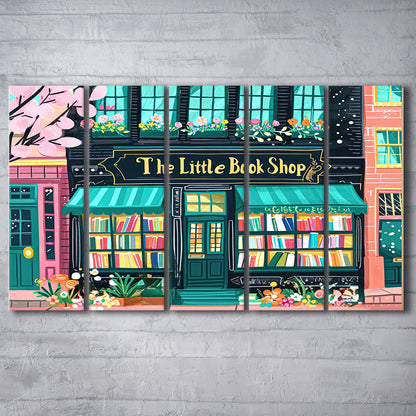 Bookshop Illustration Art Print The Little Book Shop Book Lovers, 5 Panel B Canvas Print Wall Art, Extra Large Canvas