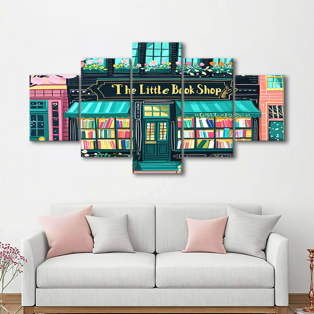 Bookshop Illustration Art Print The Little Book Shop Book Lovers, 5 Panel Mixed Canvas Print Wall Art, Large Canvas