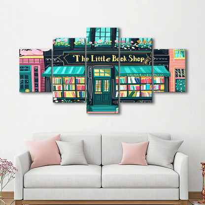 Bookshop Illustration Art Print The Little Book Shop Book Lovers, 5 Panel Mixed Canvas Print Wall Art, Large Canvas