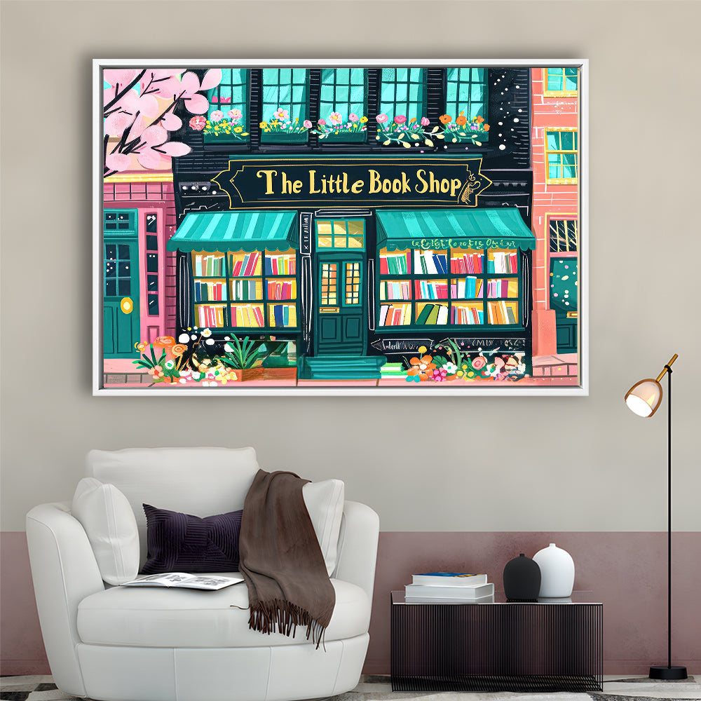 Bookshop Illustration Art Print The Little Book Shop Book Lovers, Framed Canvas Print Wall Art, Floating Frame