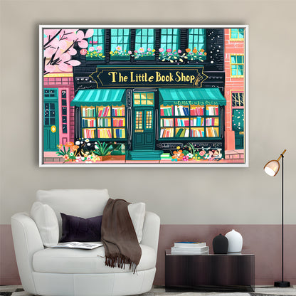 Bookshop Illustration Art Print The Little Book Shop Book Lovers, Framed Canvas Print Wall Art, Floating Frame