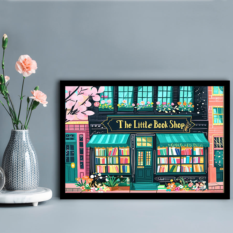 Bookshop Illustration Art Print The Little Book Shop Book Lovers, Framed Art Print Wall Decor, Picture Framed