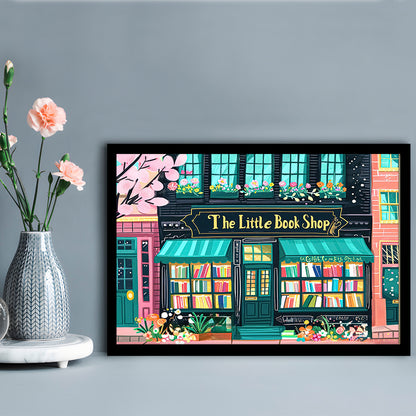 Bookshop Illustration Art Print The Little Book Shop Book Lovers, Framed Art Print Wall Decor, Picture Framed