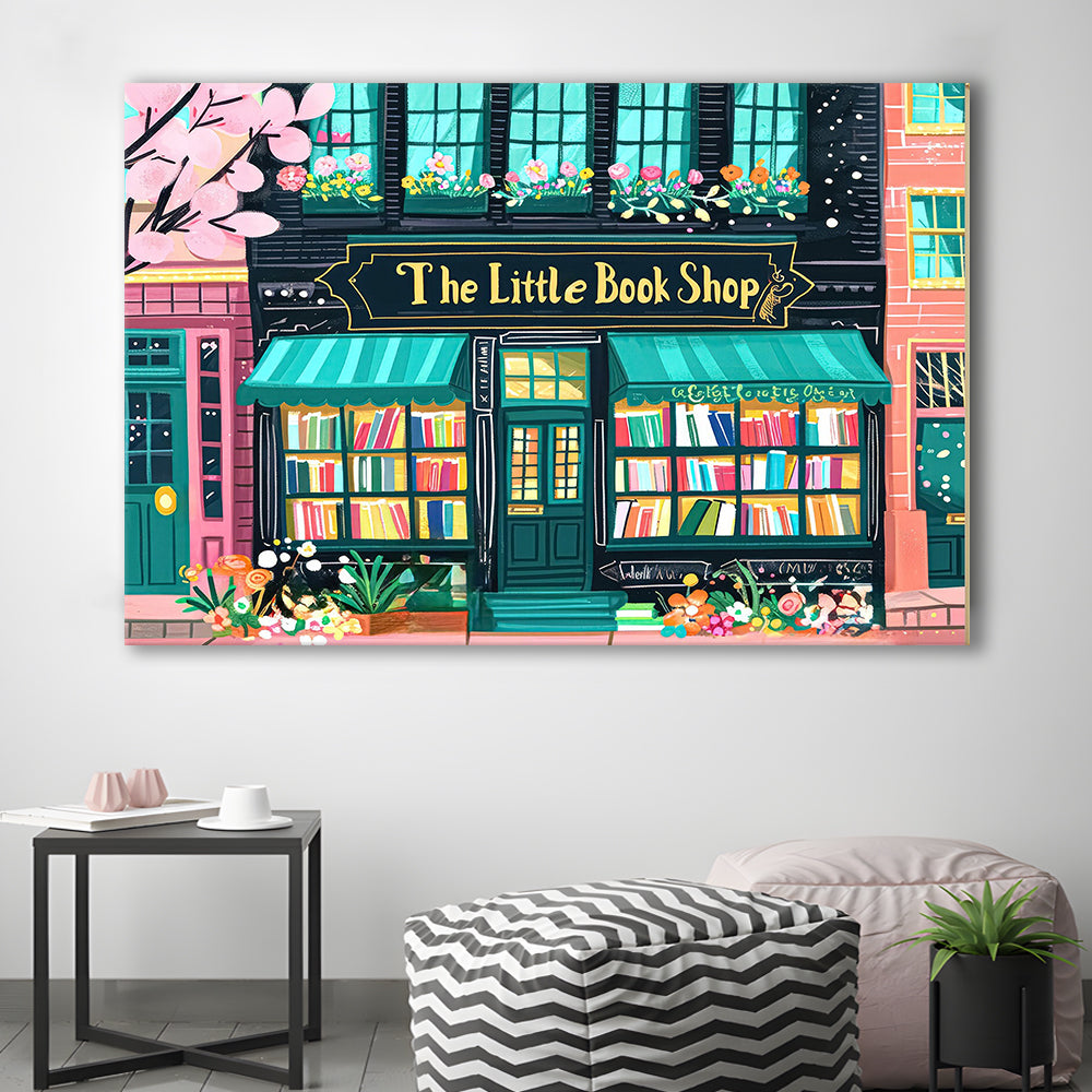 Bookshop Illustration Art Print The Little Book Shop Book Lovers, Canvas Print Wall Art, Wall Decor, Painting Canvas