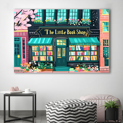 Bookshop Illustration Art Print The Little Book Shop Book Lovers, Canvas Print Wall Art, Wall Decor, Painting Canvas