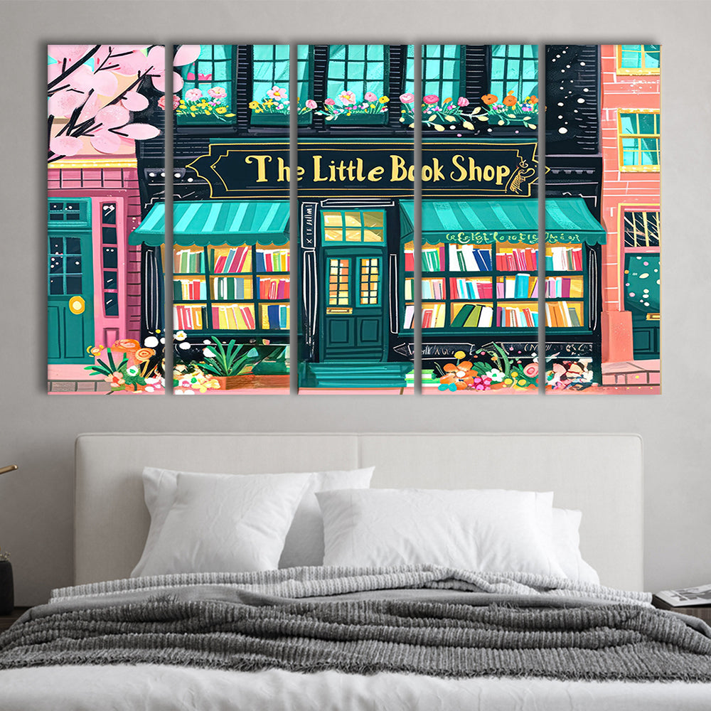 Bookshop Illustration Art Print The Little Book Shop Book Lovers, 5 Panel B Canvas Print Wall Art, Extra Large Canvas