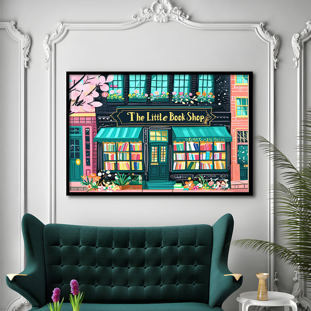 Bookshop Illustration Art Print The Little Book Shop Book Lovers, Framed Art Print Wall Decor, Picture Framed