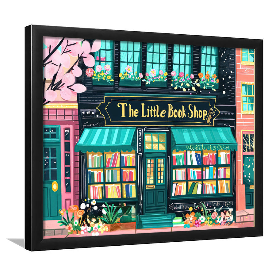 Bookshop Illustration Art Print The Little Book Shop Book Lovers, Framed Art Print Wall Decor, Picture Framed