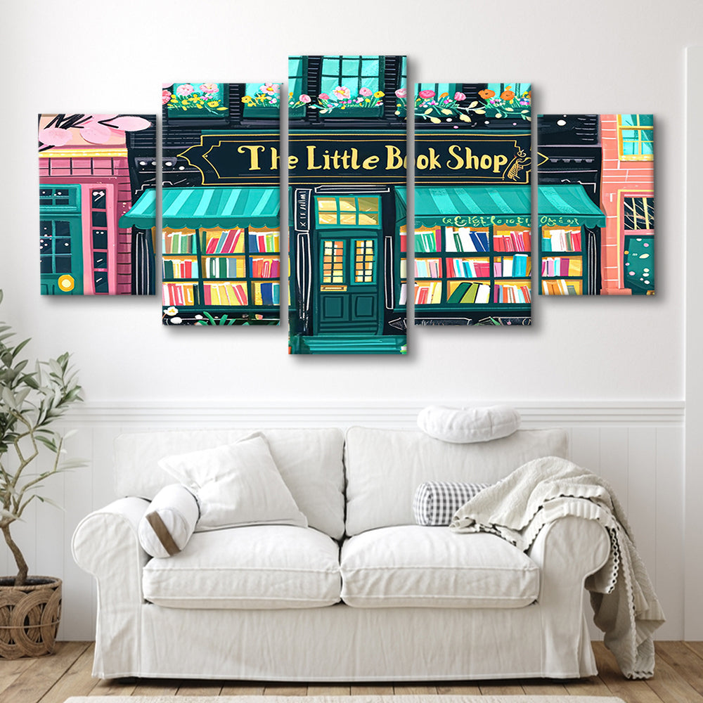 Bookshop Illustration Art Print The Little Book Shop Book Lovers, 5 Panel Mixed Canvas Print Wall Art, Large Canvas