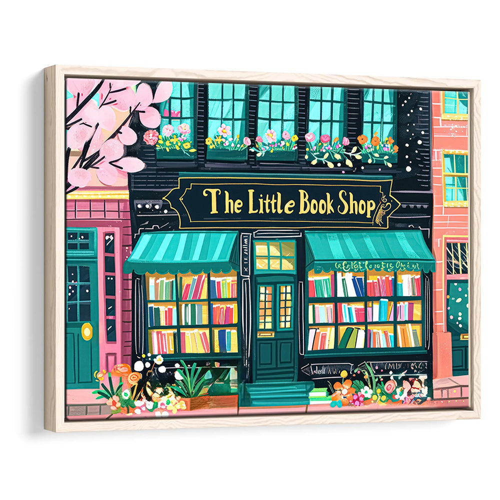 Bookshop Illustration Art Print The Little Book Shop Book Lovers, Framed Canvas Print Wall Art, Floating Frame