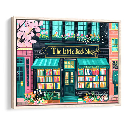 Bookshop Illustration Art Print The Little Book Shop Book Lovers, Framed Canvas Print Wall Art, Floating Frame