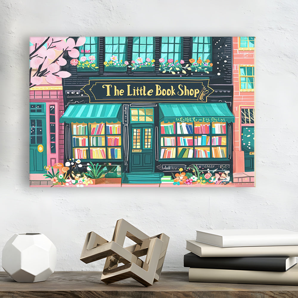 Bookshop Illustration Art Print The Little Book Shop Book Lovers, Canvas Print Wall Art, Wall Decor, Painting Canvas