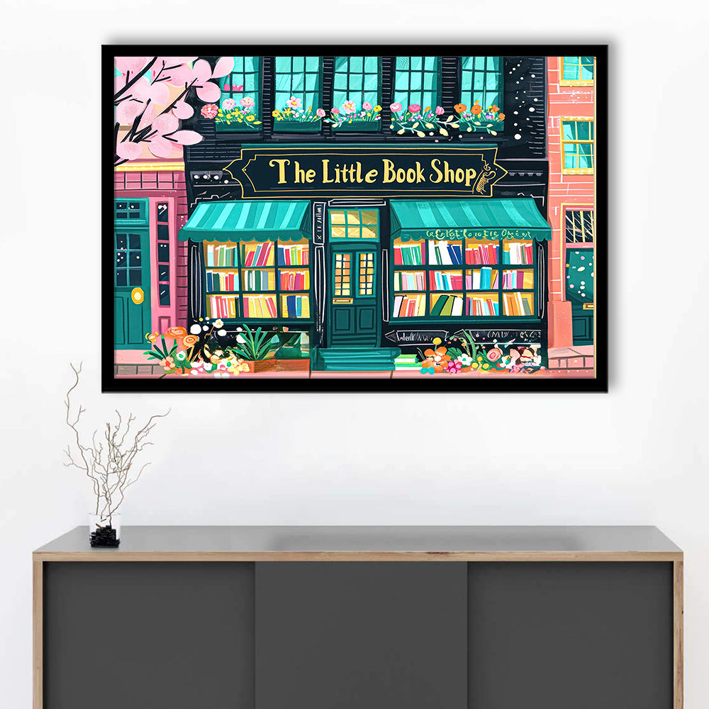 Bookshop Illustration Art Print The Little Book Shop Book Lovers, Framed Art Print Wall Decor, Picture Framed