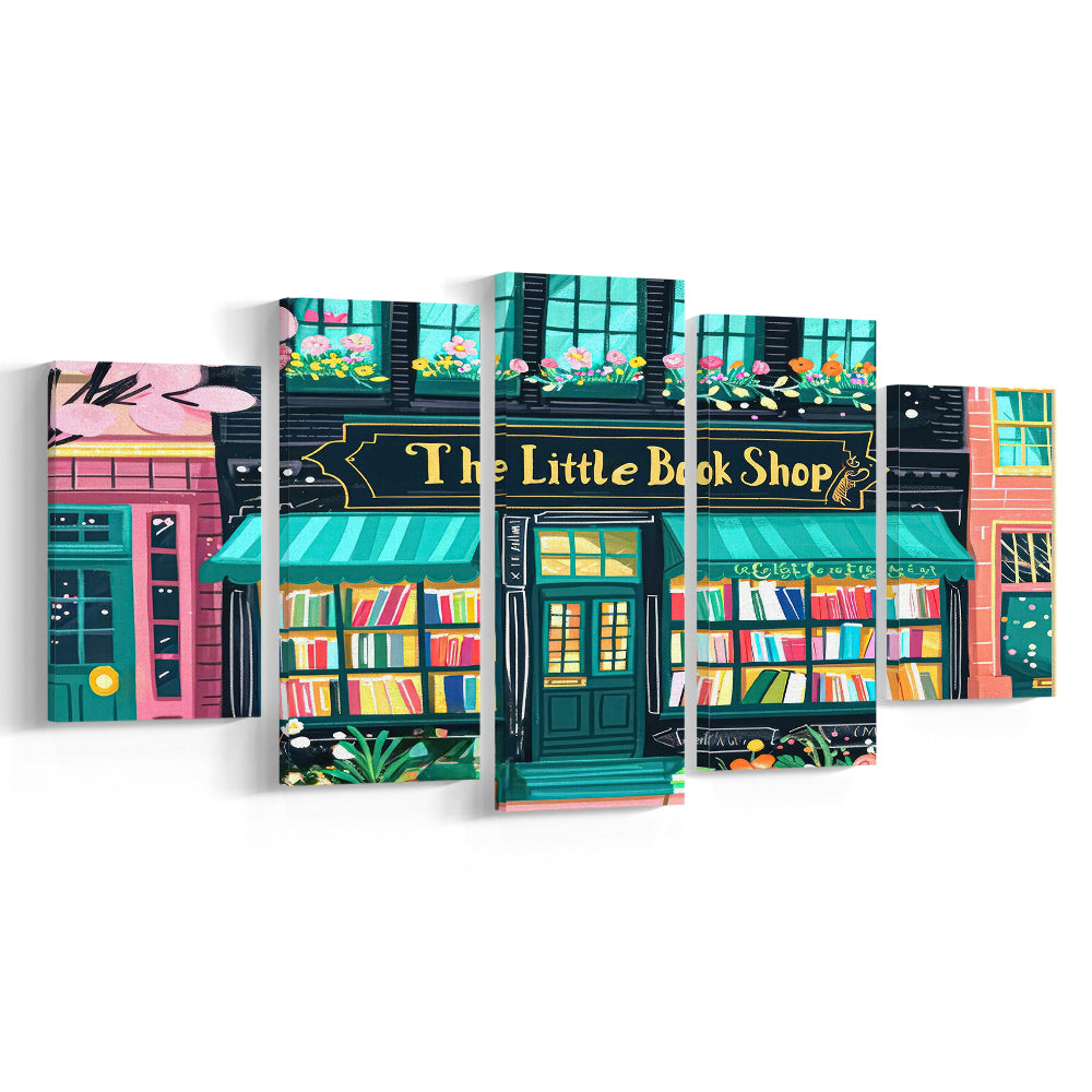 Bookshop Illustration Art Print The Little Book Shop Book Lovers, 5 Panel Mixed Canvas Print Wall Art, Large Canvas