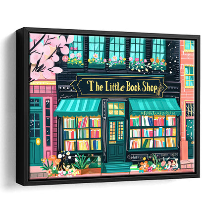 Bookshop Illustration Art Print The Little Book Shop Book Lovers, Framed Canvas Print Wall Art, Floating Frame