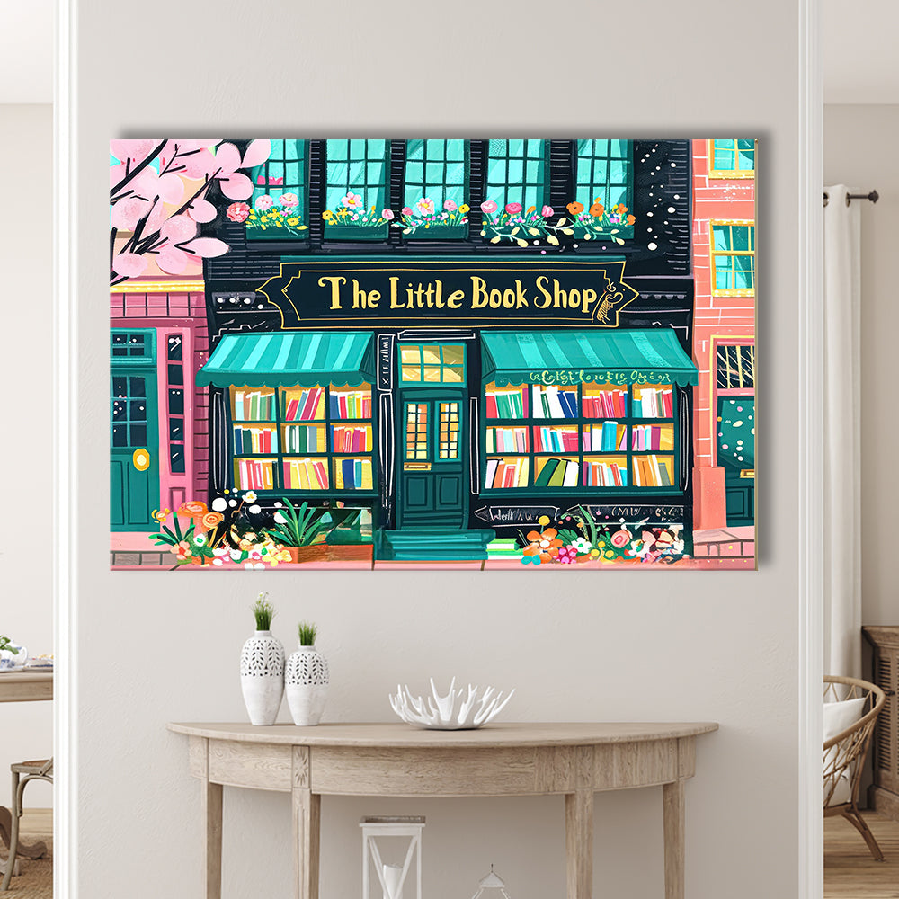 Bookshop Illustration Art Print The Little Book Shop Book Lovers, Canvas Print Wall Art, Wall Decor, Painting Canvas
