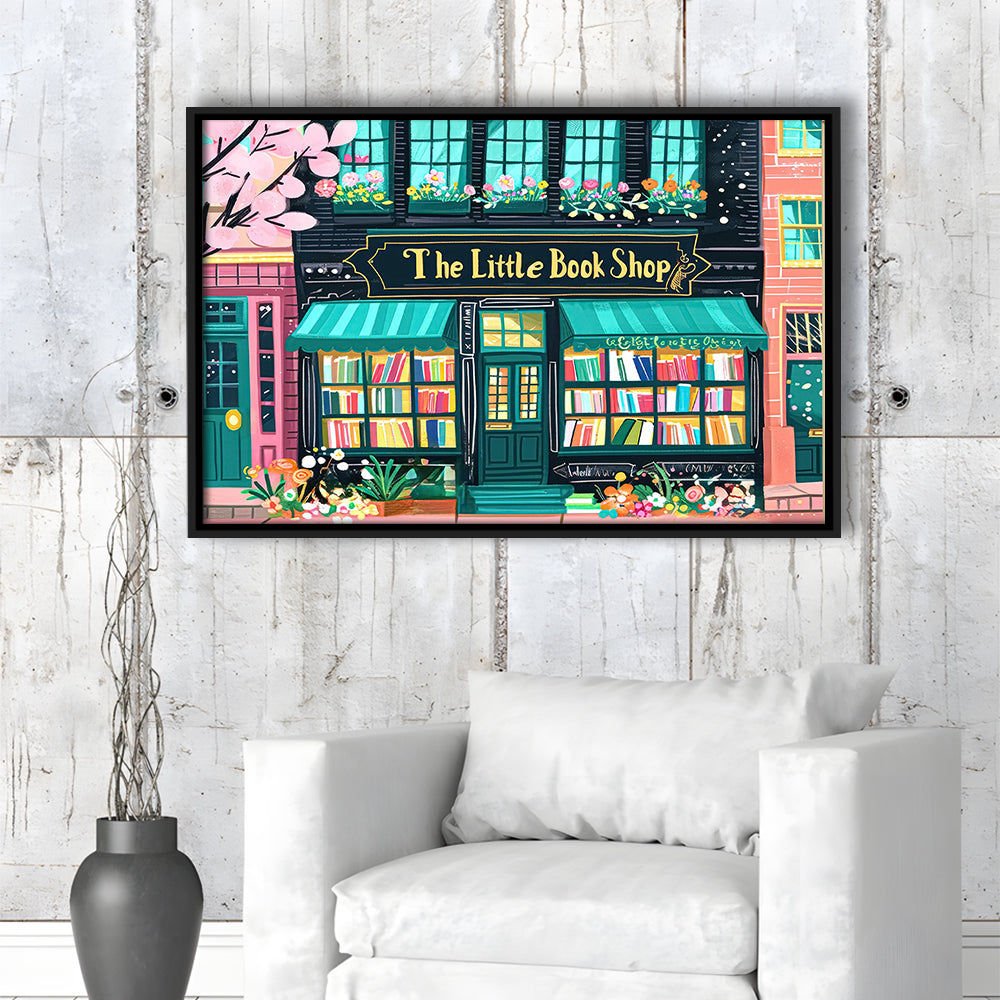 Bookshop Illustration Art Print The Little Book Shop Book Lovers, Framed Canvas Print Wall Art, Floating Frame